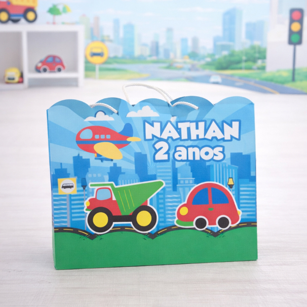 Sacolinha G Personalizada Transportes - carros - carrinho - avião | Lembrancinha Festa Infantil