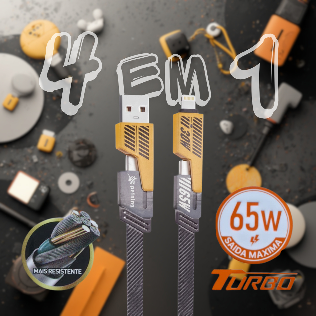 Cabo De Carregamento 4 em 1 Turbo - Reforçado 1 Metro Android IOS Iphone Tipo C Usb Tipo C Duplo