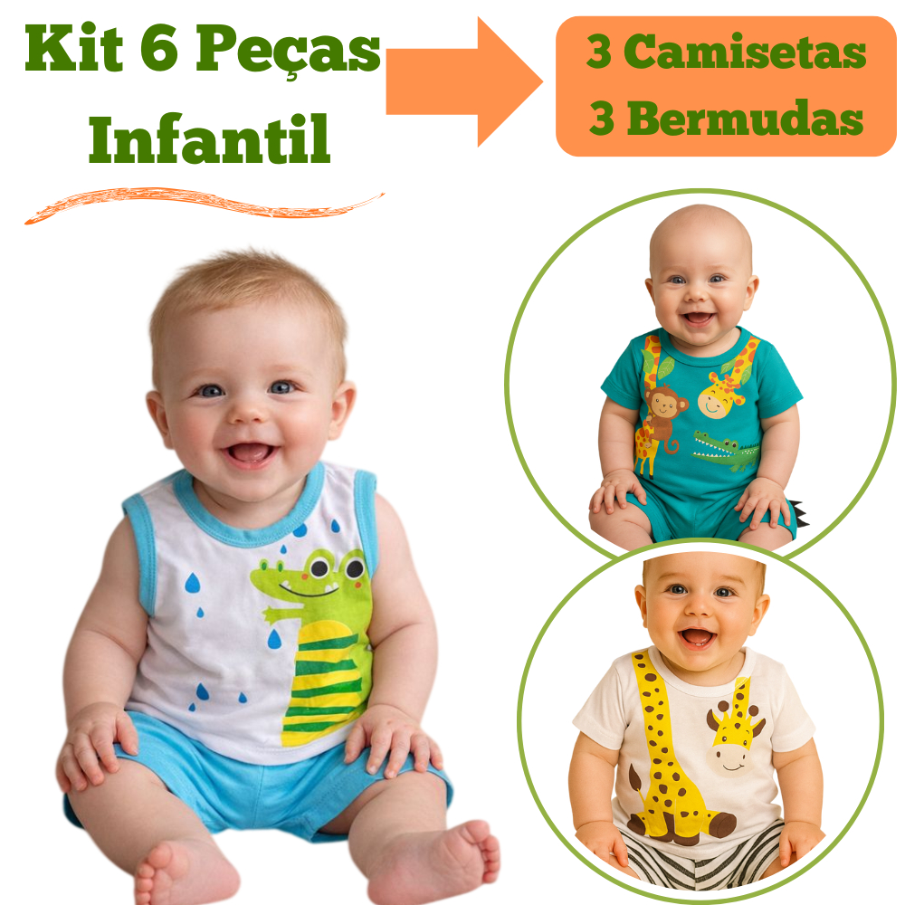 Kit 6 Peças de Roupas Infantil Bebê Menino (3 Camisetas + 3 Bermudas) 3 conjuntos bebe de 3 á 6 meses estampas sortidas