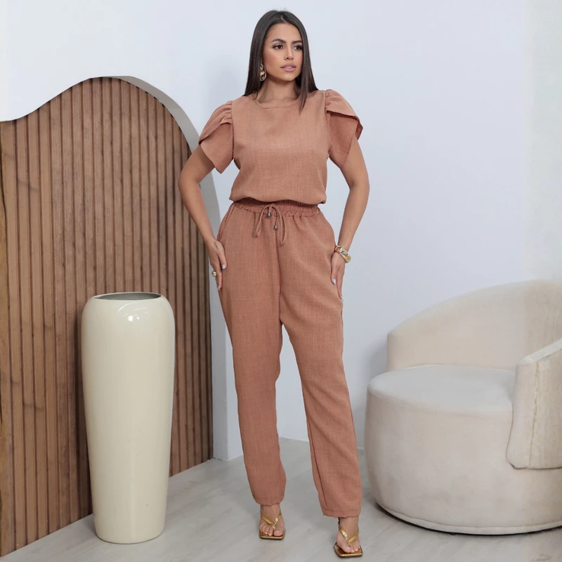 Conjunto Feminino Alfaiataria Blusa e Calça em Linho Social Trabalho Casual Elegante Sofisticado Uniforme