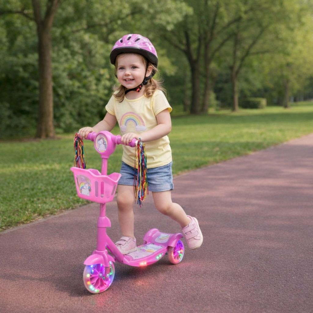 Patinete Infantil Masculino Feminino 03 Rodas Com Cestinha Removível E Luz LED e Musica em Oferta na Shopee