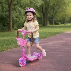 Patinete Infantil Menina Menino 3 Rodas com Cestinha Rosa Azul Lançamento Musical e Luzes