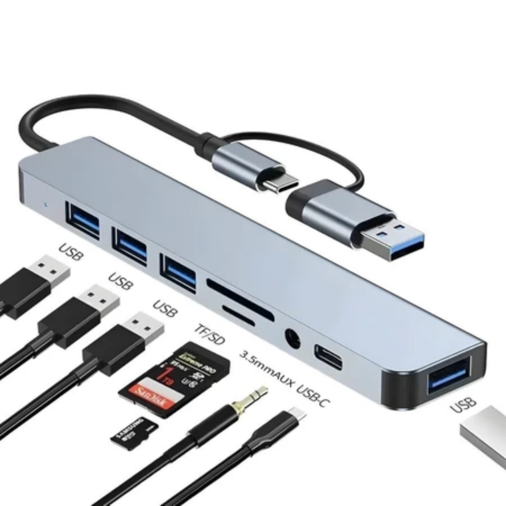 Hub USB C 8 em 1 Adaptador USB 3.0 Type C Multiportas Mouse Teclado Celular Notebook