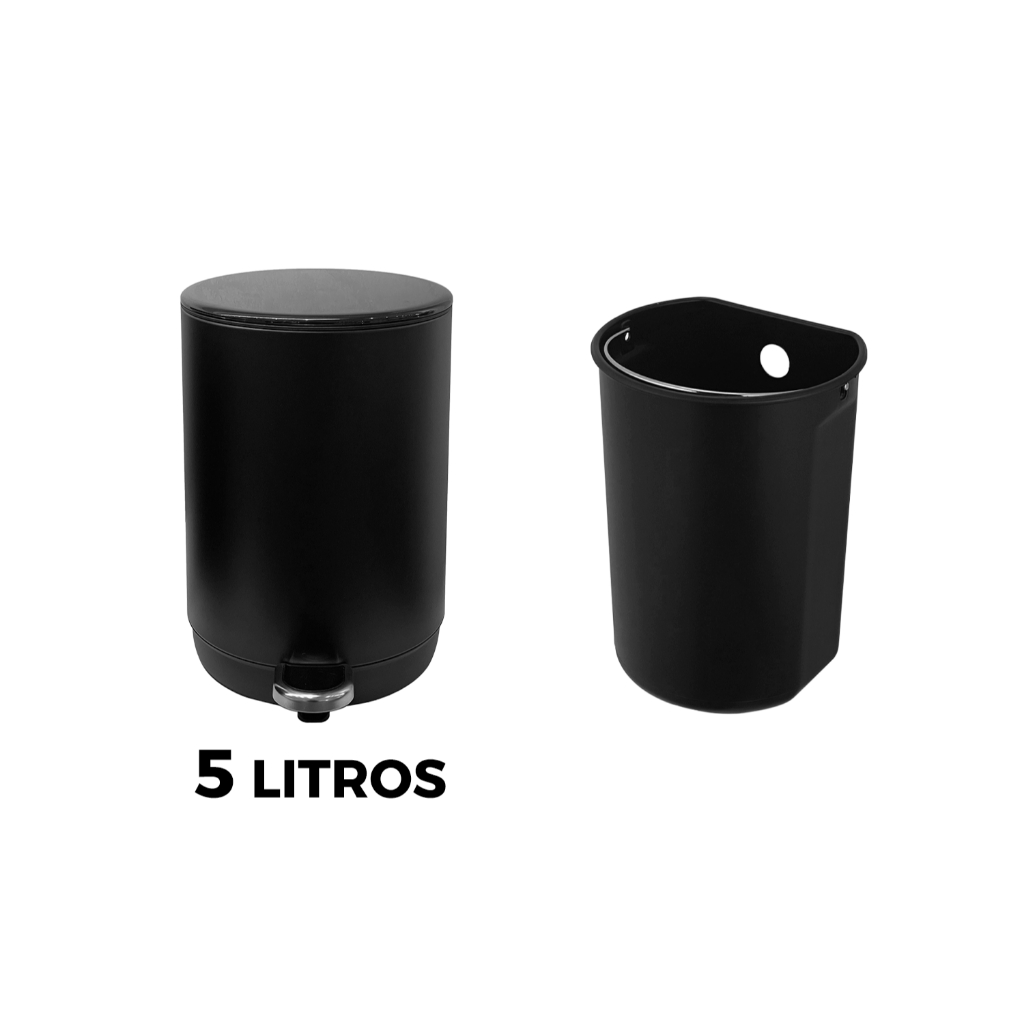 Lixeira Preta 5L Escritório Metal Premium Calha Úmida Design Moderno Pedal Soft Close