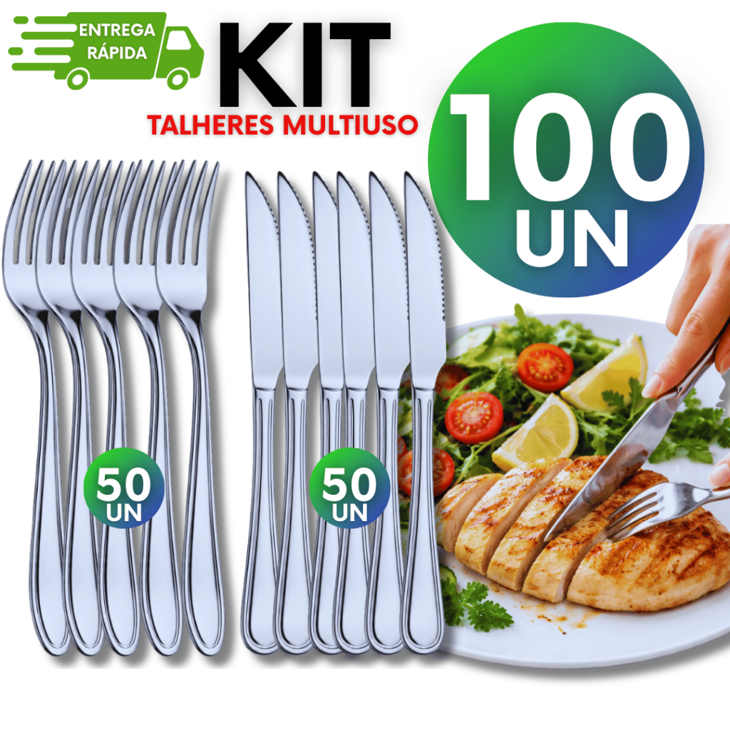 Kit 100 Peças -  Talheres Linha Premium Utilidades 50 Garfos 50 Facas Casa Cozinha Multiuso Buffet Culinária