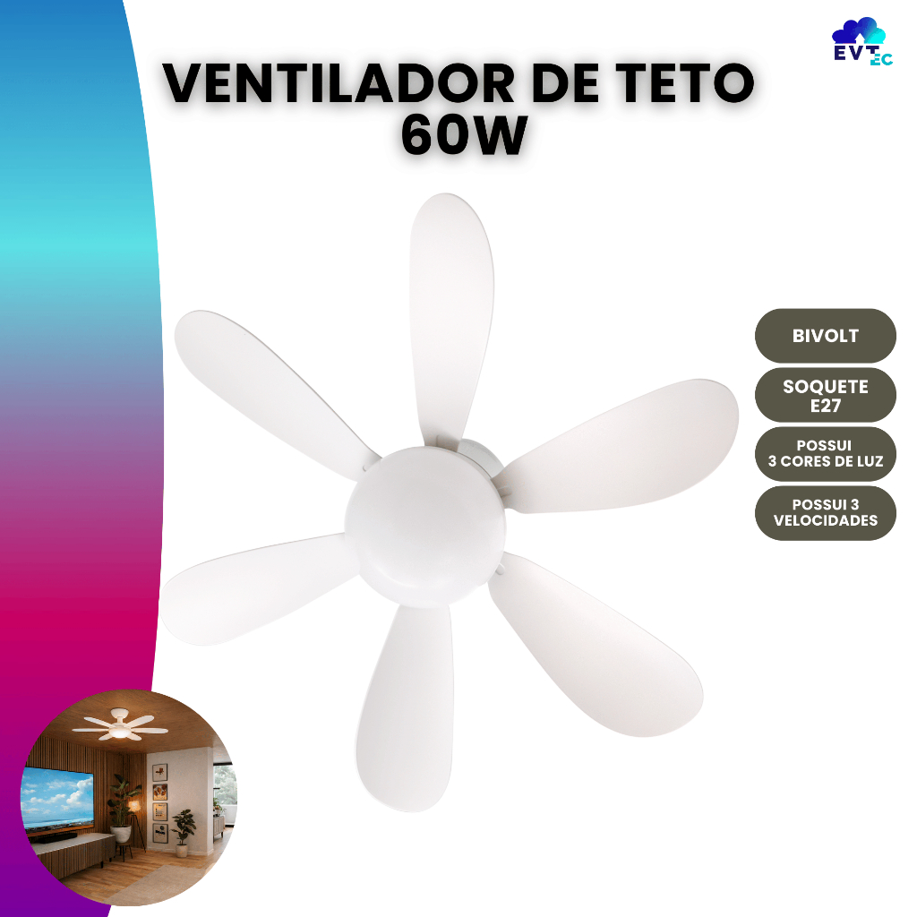 Ventilador de Teto Lâmpada Soquete E27 Com Luz Led Ajustável Bivolt VT02 Verão