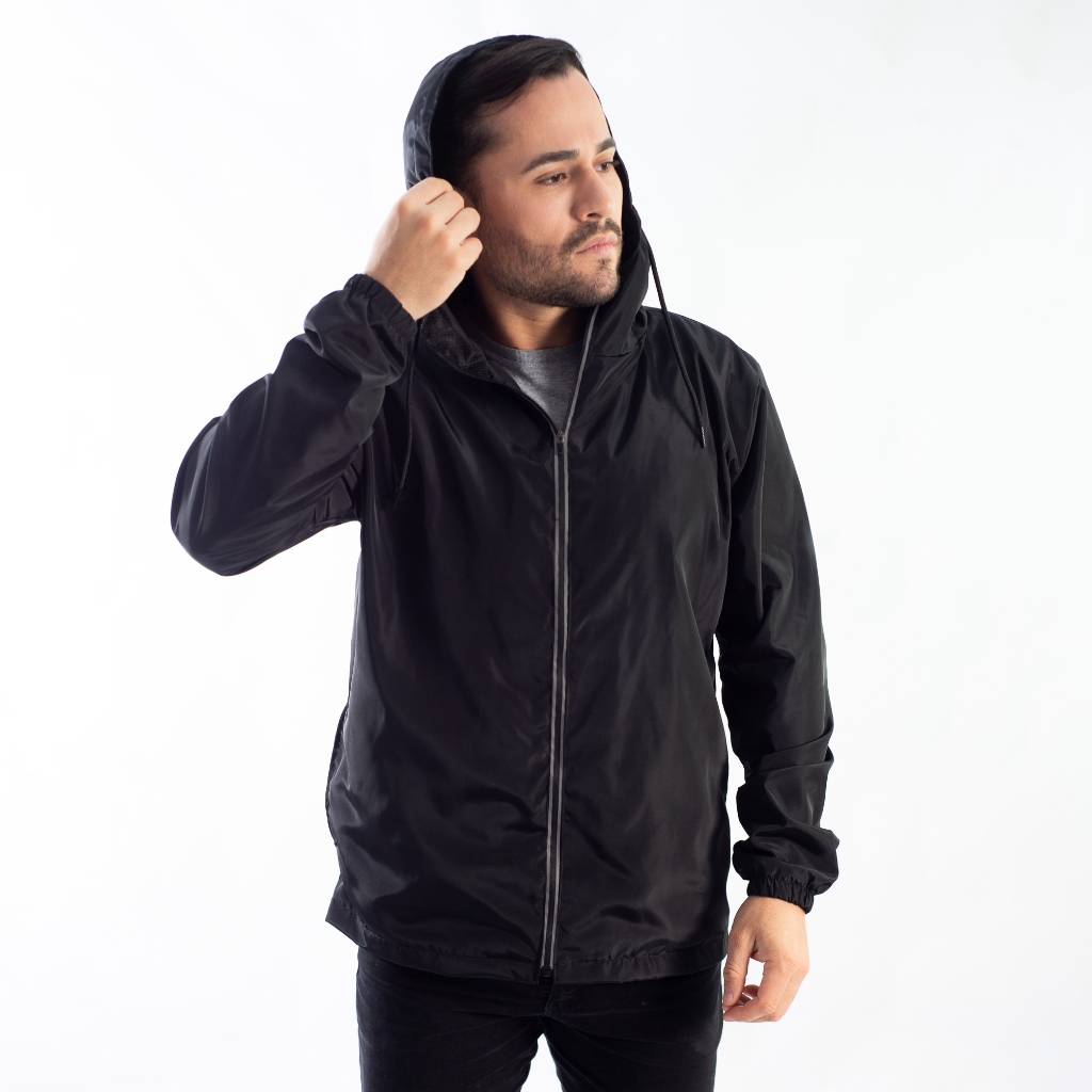 jaqueta corta vento masculino 100 % forrada ziper capuz treino corrida caminhada leve gola alta