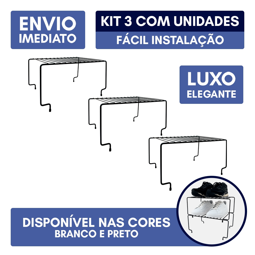 Kit 3 Organizador Multiuso Rack Prateleira Empilhável Sapateira Armário Guarda-roupa Carbono Preto em Oferta na Shopee