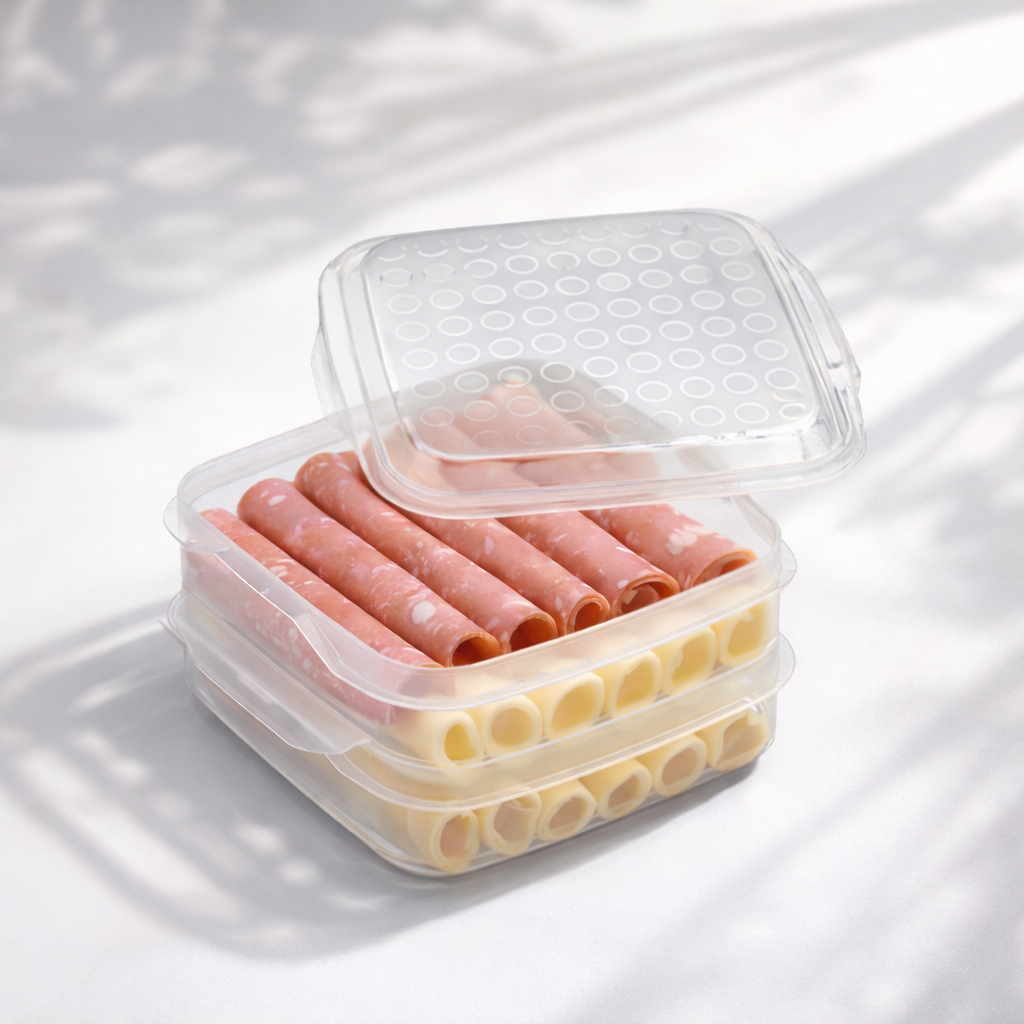 Porta Frios Duplo com Tampa Transparente de Plástico Empalhável Queijo Presunto Cozinha Plasnorthon
