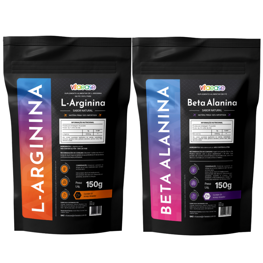 L-Arginina 150g + Beta-Alanina 150g | Suplementos Alimentares  | Combo Vitaease Aminoácidos em Pó | Uso Adulto