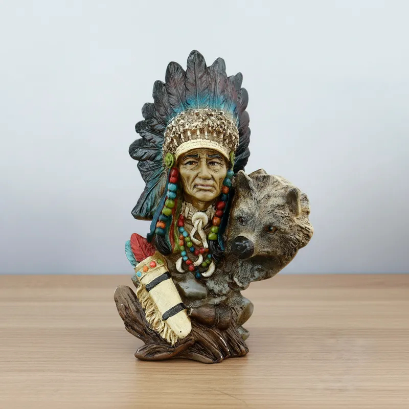 Estátua Busto Índio Cacique E Lobo Enfeite Gesso Decoração