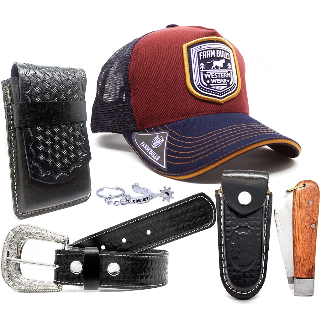 Kit Country Cinto Couro Bone Farm Capinha P/ Celular Bainha E Canivete CV