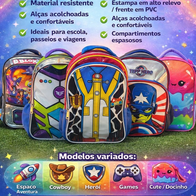 MOCHILA ESCOLAR TEMÁTICA INFANTIL em Oferta na Shopee