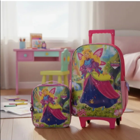 Kit Mochila Infantil Princesas Feminina Escolar Rodinhas Rosa com Lancheira Volta as Aulas Escola