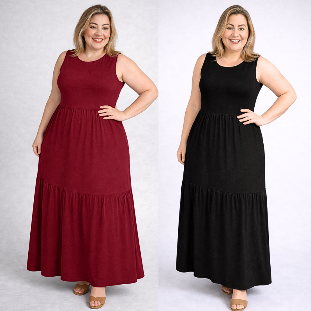 Vestido Feminino Lia Babado Plus Size Slim 2 Marias Longo Malha Viscolycra Leve Verão Moda Evangélica Verão Carnaval