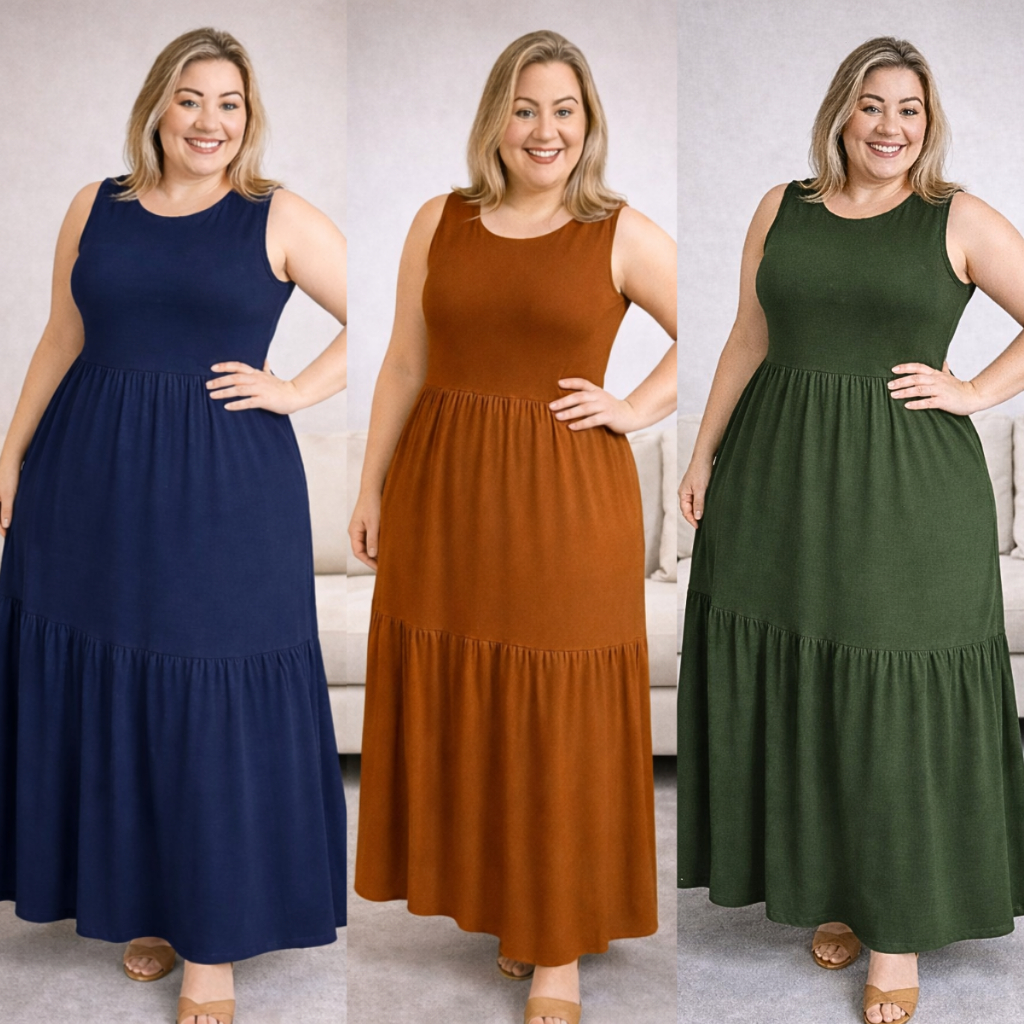 Vestido Feminino Lia Babado Plus Size e Slim 2 Marias Longo Malha Viscolycra Leve e Soltinho Moda Evangélica Verão