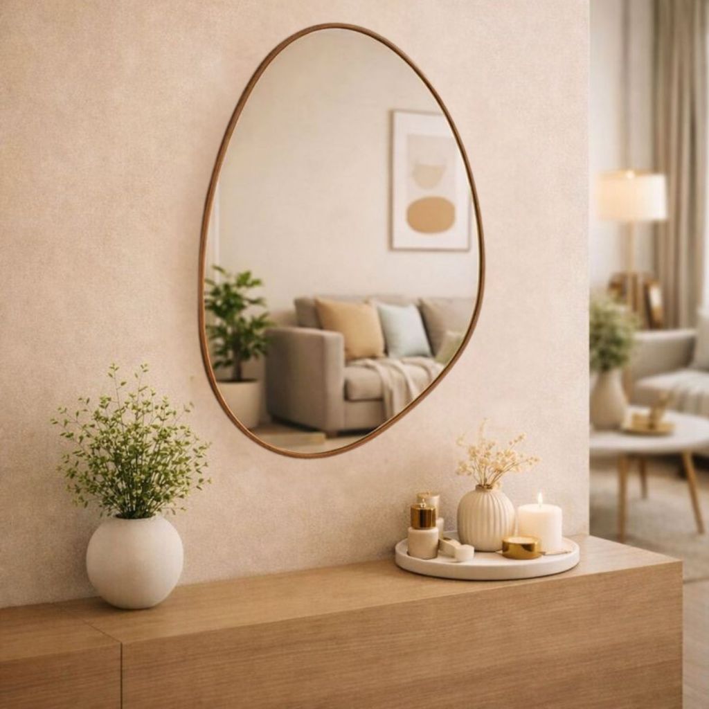 Espelho Decorativo Orgânico Oval 60x40cm Moderno Moldura em Couro Ecológico Minimalista Tendência em Oferta na Shopee