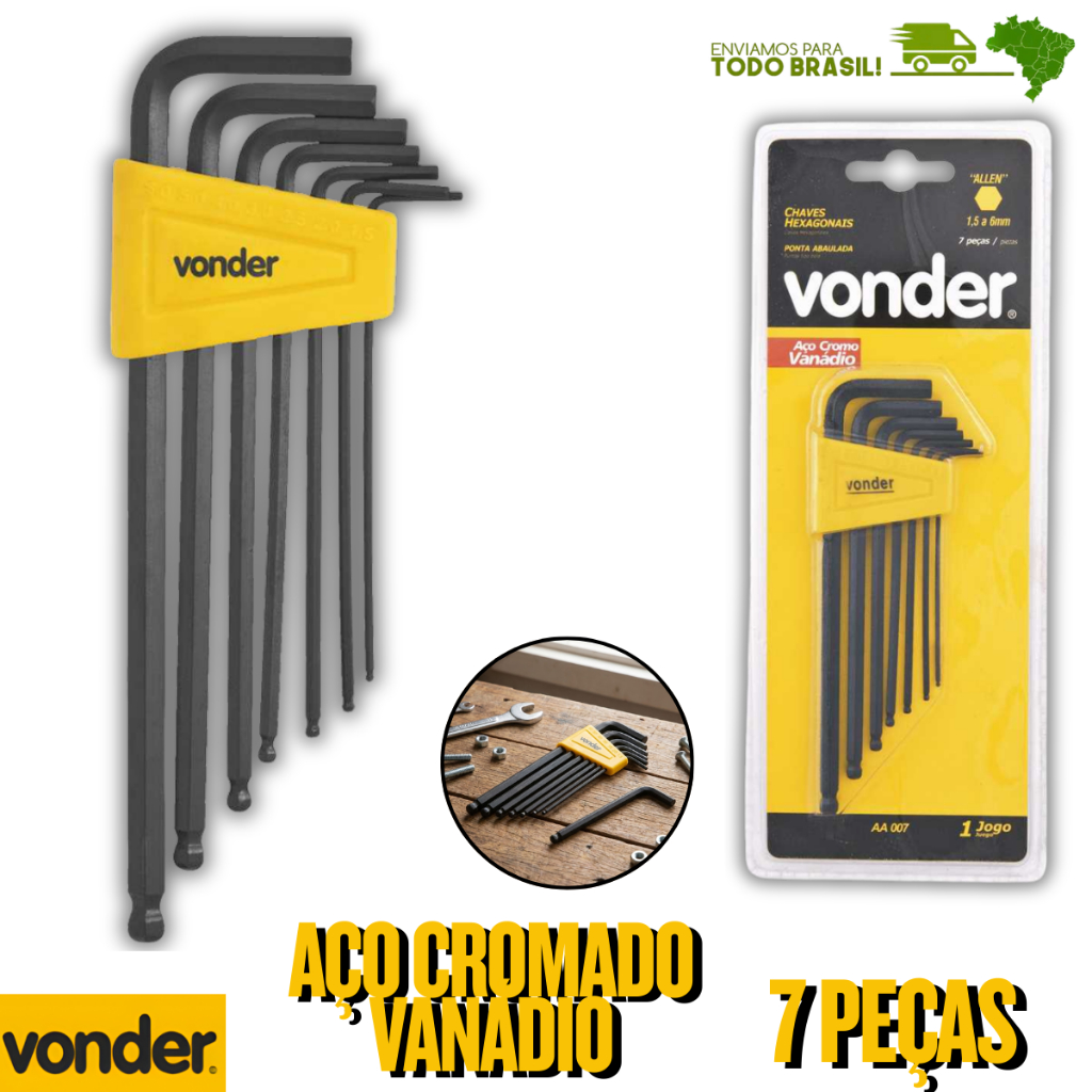 Jogo De Chaves Allen Abauladas Vonder 7 Peças 1,5 a 6mm Série Longa Aço Cromo Vanádio Profissional