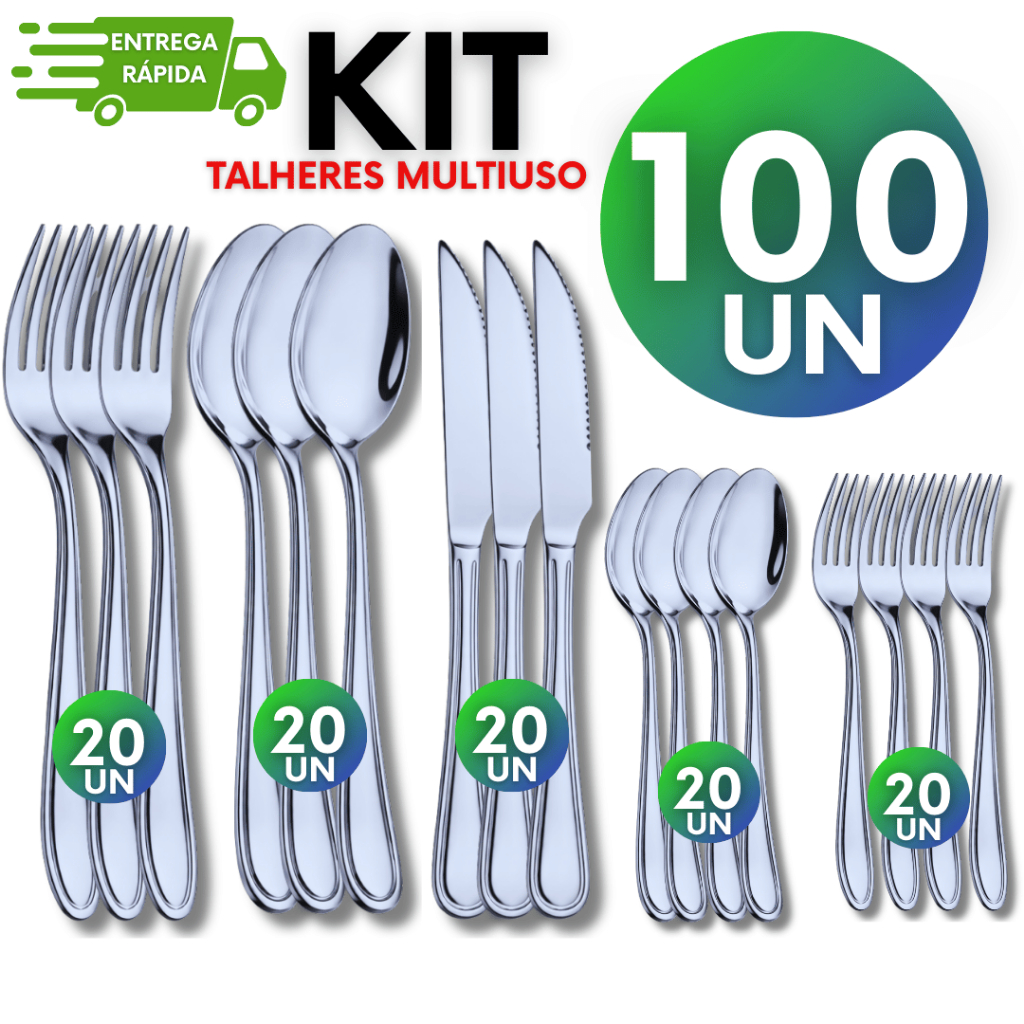 Kit 100 Unidades Talheres Linha Premium 20 Garfos 20 Facas 20 Colheres 20 Colheres de Sobremesa 20 Garfos Sobremesa