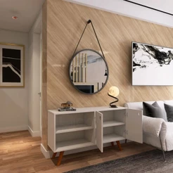 Espelho Redondo Grande 60cm com Alça em Couro +Suporte E Pendurador Para Quarto Banheiro Sala Hall