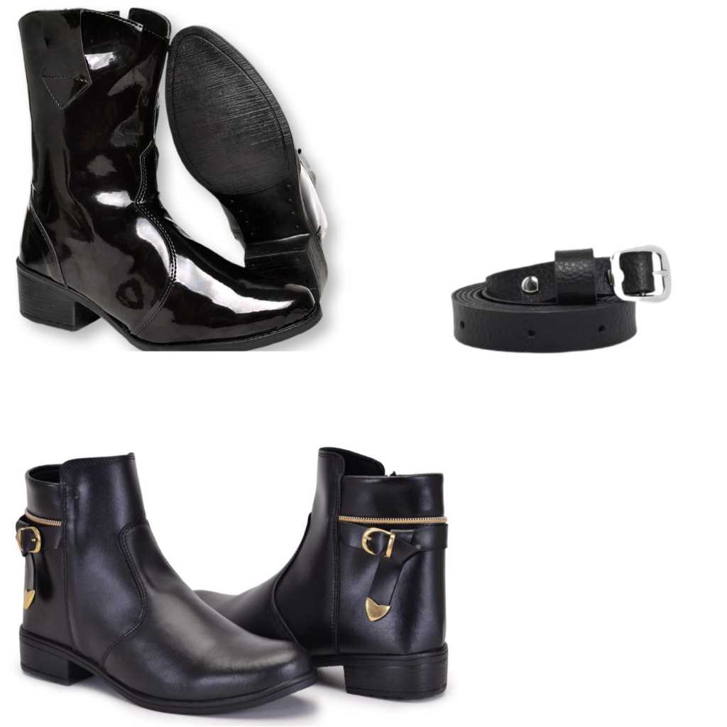 Kit Feminino Bota Texana Verniz Preta + Cinto lindo na cor Preto + Botinha de Coração Preta
