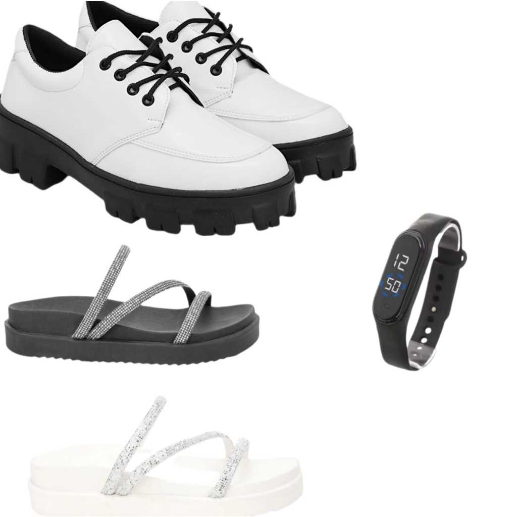 Kit Feminino Mocassim Wandinha Branco + 2 Papete Preta / Branca + Relógio