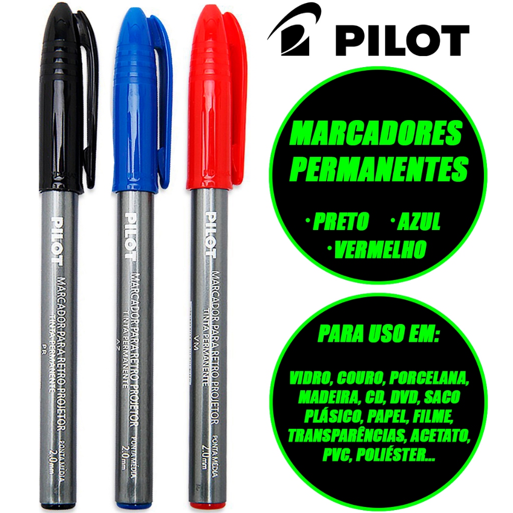 Caneta Marcador Permanente Retro Projetor Preta Azul Vermelha Ponta 2.0mm