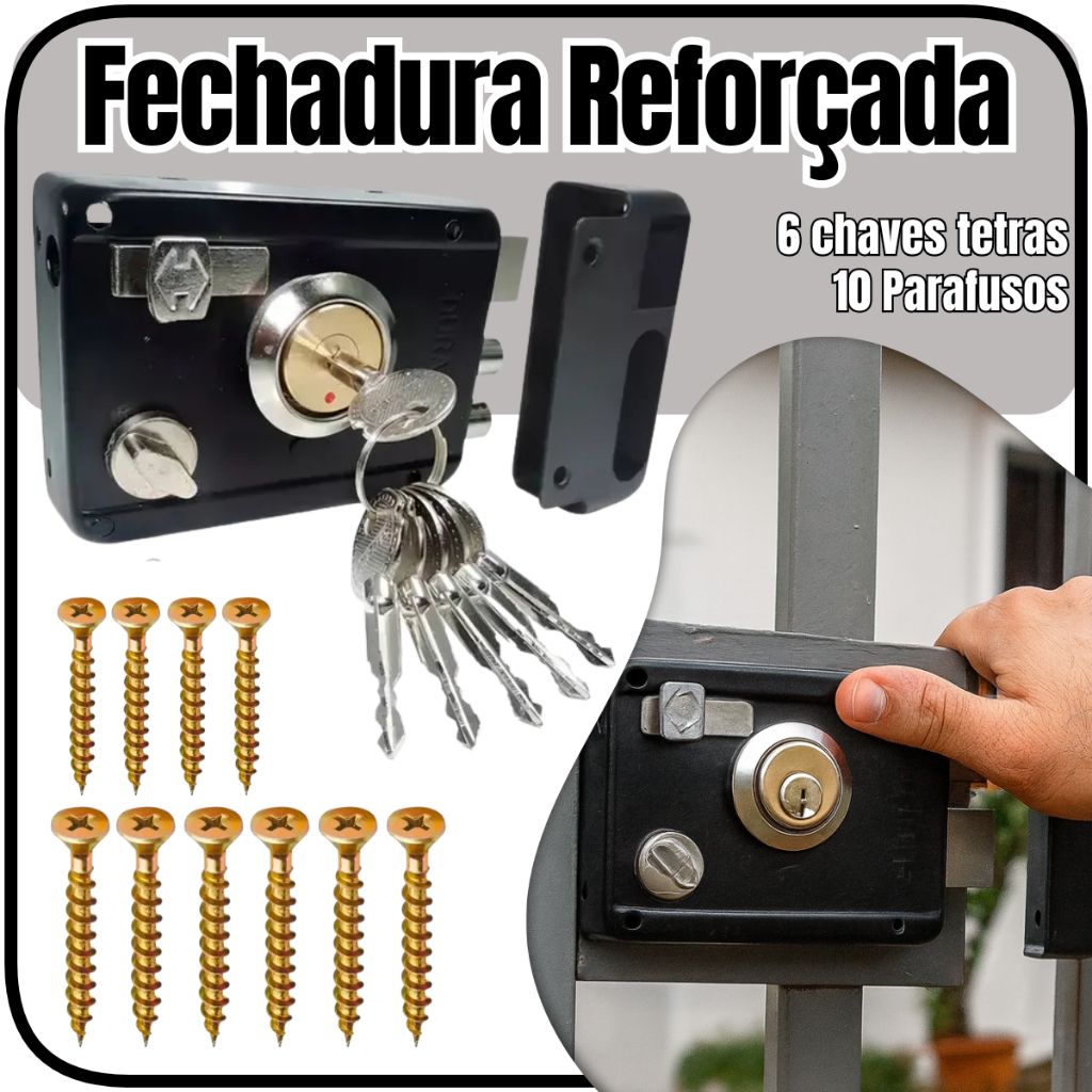 Fechadura de sobrepor manual com trava Dupla para portão externo 6 chaves tetra preta fosca Elite