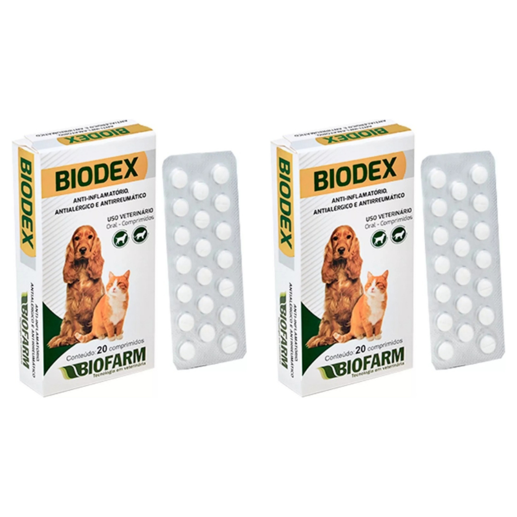 Biodex comprimidos 2 Cartelas, 40 Comprimidos, Antialégico e Anti-inflamatório para cães e gatos, Biofar