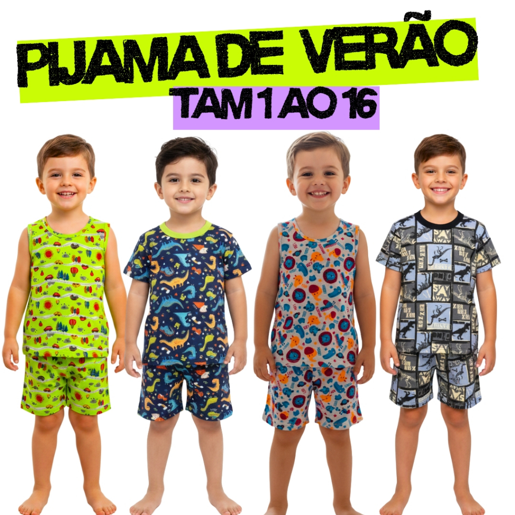 Kit 3 Conjunto Pijama Infantil Masculino Verão | 100% Algodão| Calor | Camiseta e Bermuda 1 ao 16