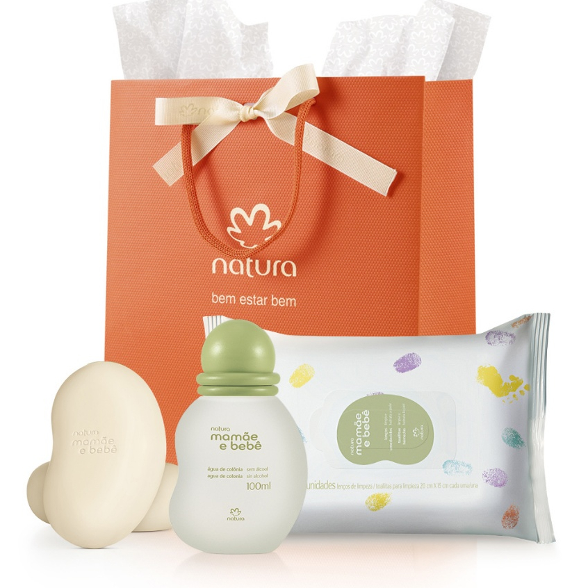 Kit Mamãe e Bebê - 1 Água de colônia 100ml + 1 Caixa de sabonetes em barra (2 unidades) + Lenços umedecidos (16 folhas)