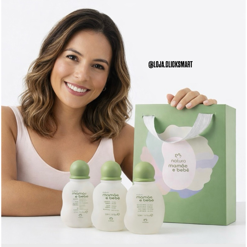 KIT MINIATURAS MAMÃE E BEBÊ COM COLÔNIA, HIDRATANTE E SABONETE 50ML CADA + SACOLA DE PRESENTE NATURA