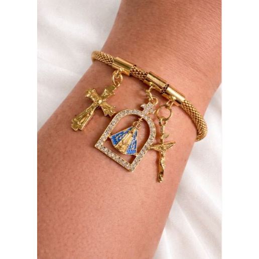 Pulseira Berloques Folheada com Pingente Nossa Senhora Aparecida 20cm