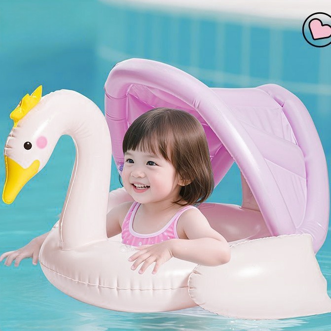 Boia Infantil para Bebê Inflável com Cobertura Fralda Guardasol Flamingo Cisne Piscina Praia Festa
