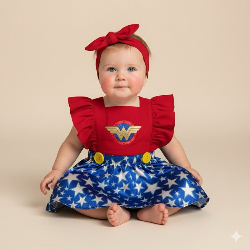 Romper Mulher-Maravilha Bebê Fantasia Temática Mesversário Festa Ensaio