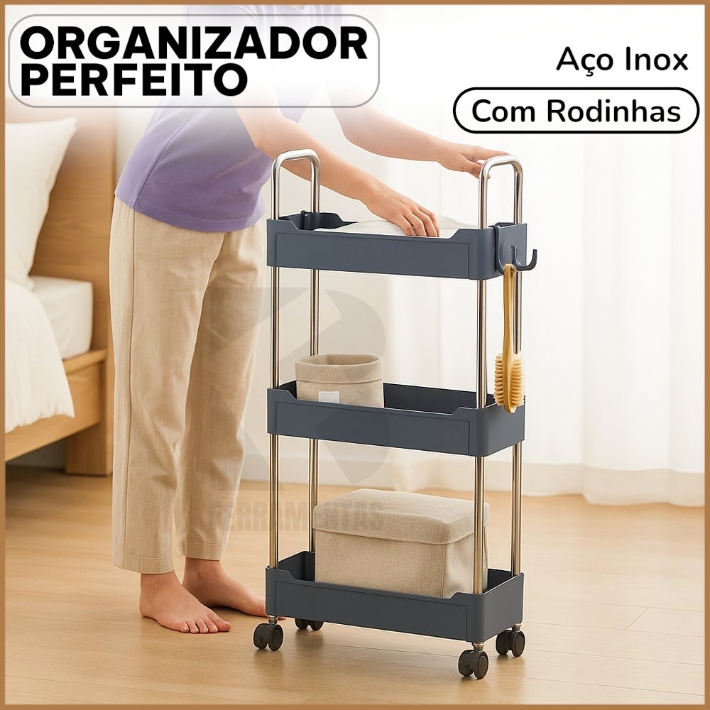 Prateleira Carrinho Organizador Móvel 3 Andares Multiuso com Rodinhas aço inox com Rodízios 360°