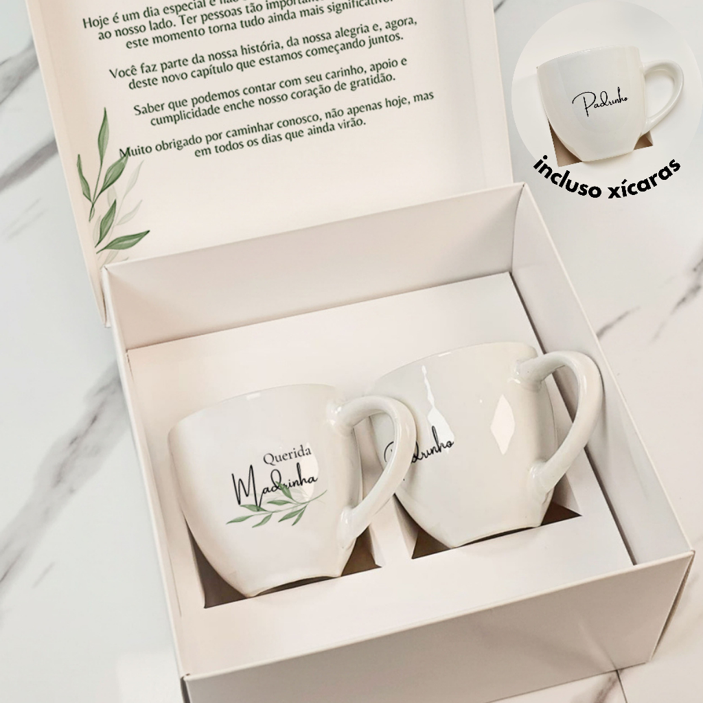 Caixa com Xícara de porcelana para padrinhos de casamento personalizada