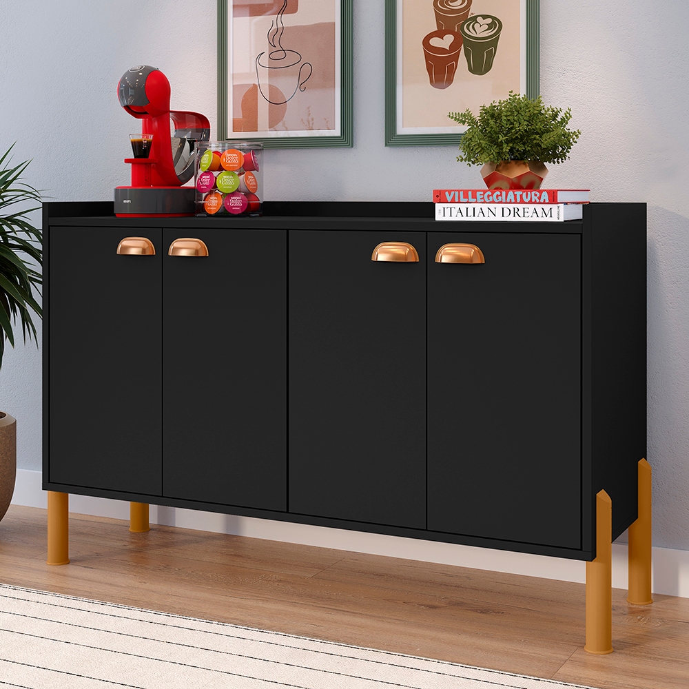 Buffet Chicago Organizador 4 Portas Com 2 Prateleiras 4 Repartições Puxador Concha Cromado Pés PVC