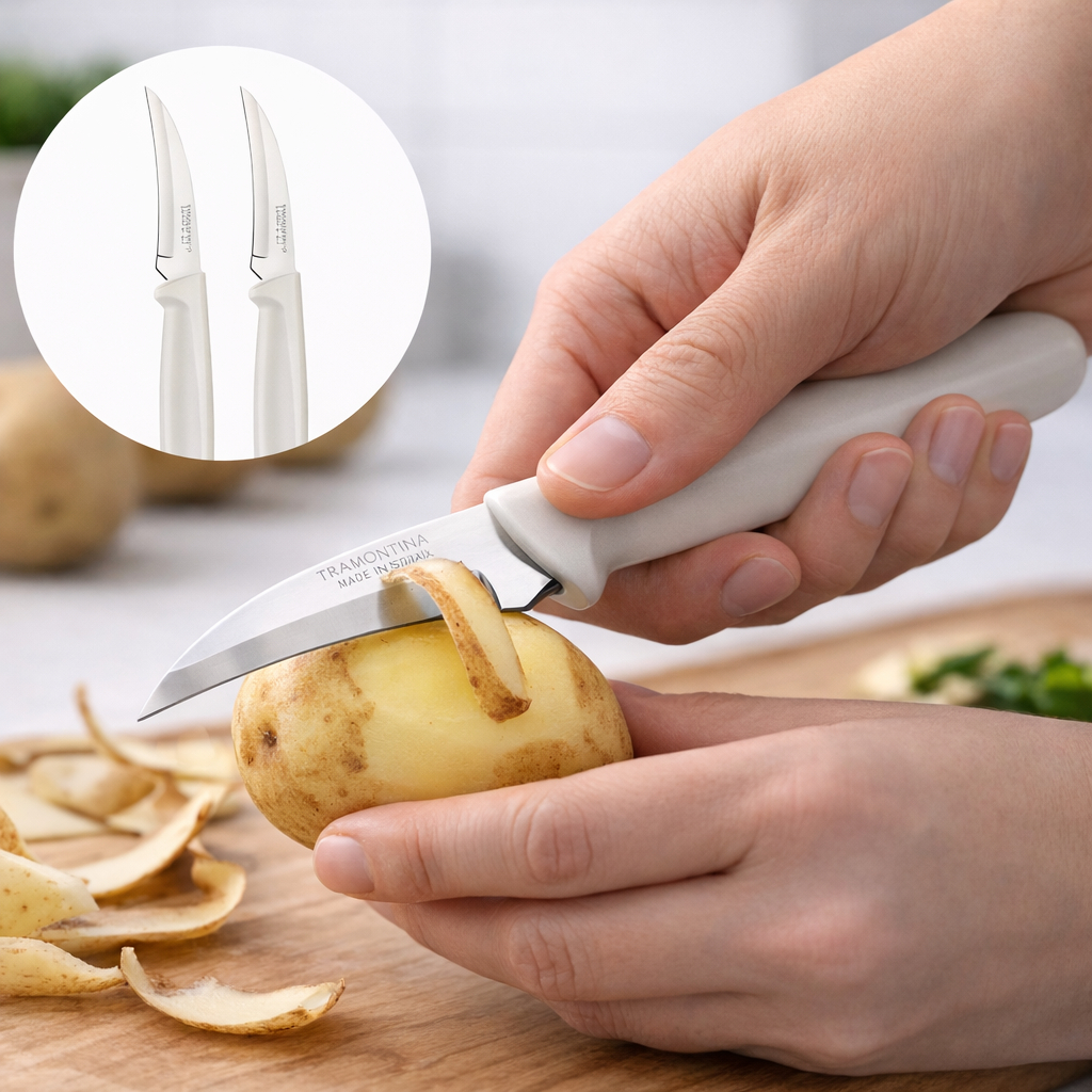Kit 2 Facas Para Tornear Tramontina Para Legumes e Frutas Descascar Lâmina Curva Inox Afiada em Oferta na Shopee