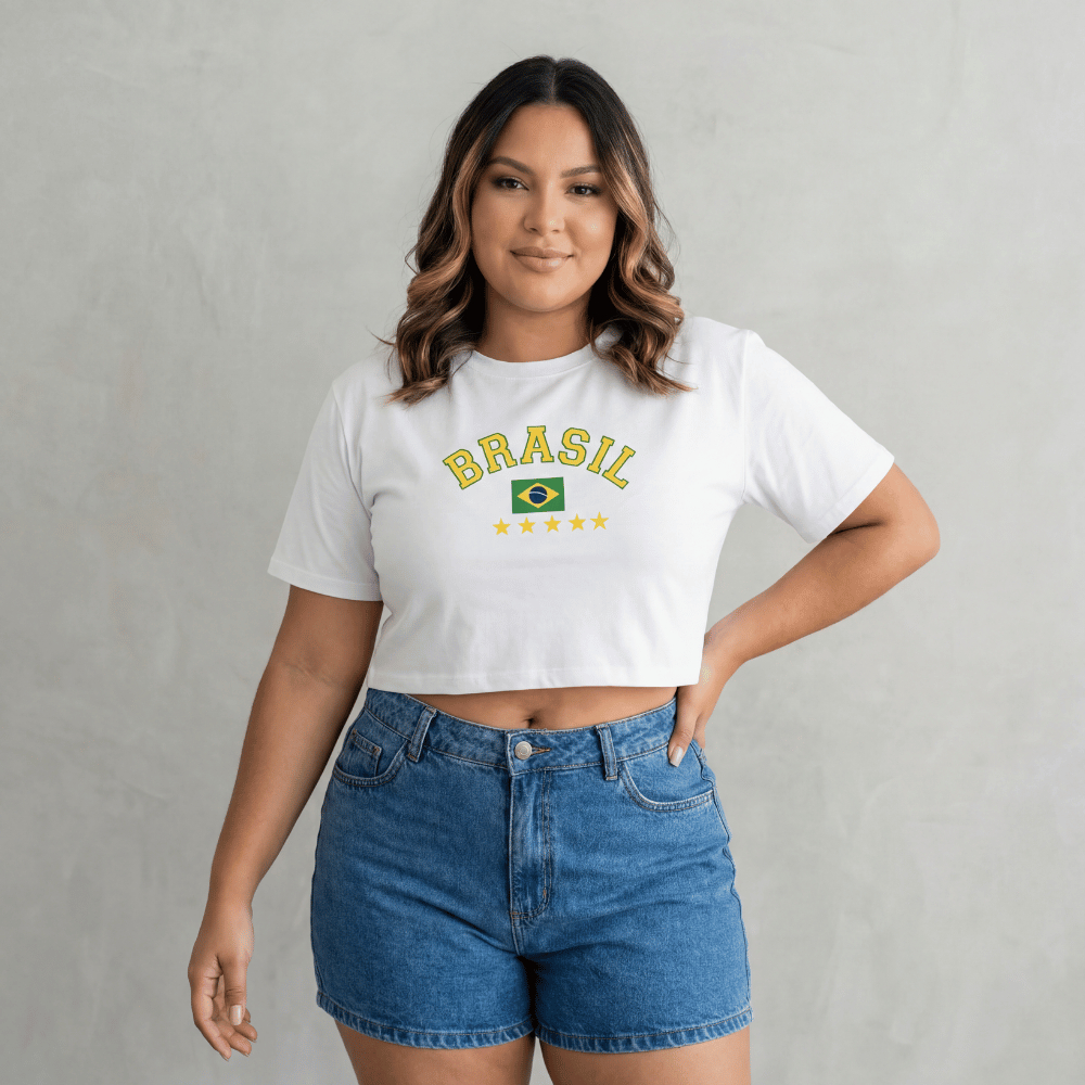 Cropped Plus size Feminino 100% Algodão Brasil Copa do Mundo Rio Verão Praia estampa bandeira