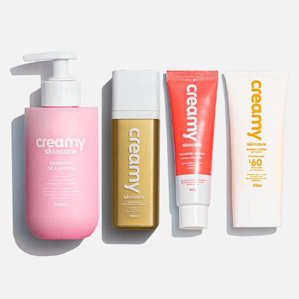 Rotina para Pele Seca - Emulsão de Limpeza, Vitamina C Gold, Calming Cream e Protetor Solar FPS 60