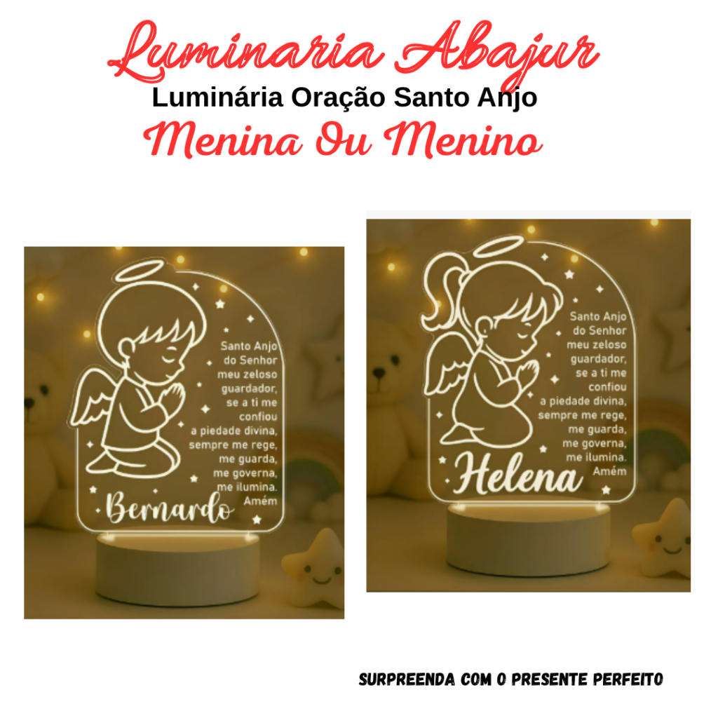 Luminária Oração Santo Anjo Proteção Decoração Personalizado Menino Luz Led com 7 cores + Chaveiro Personalizado