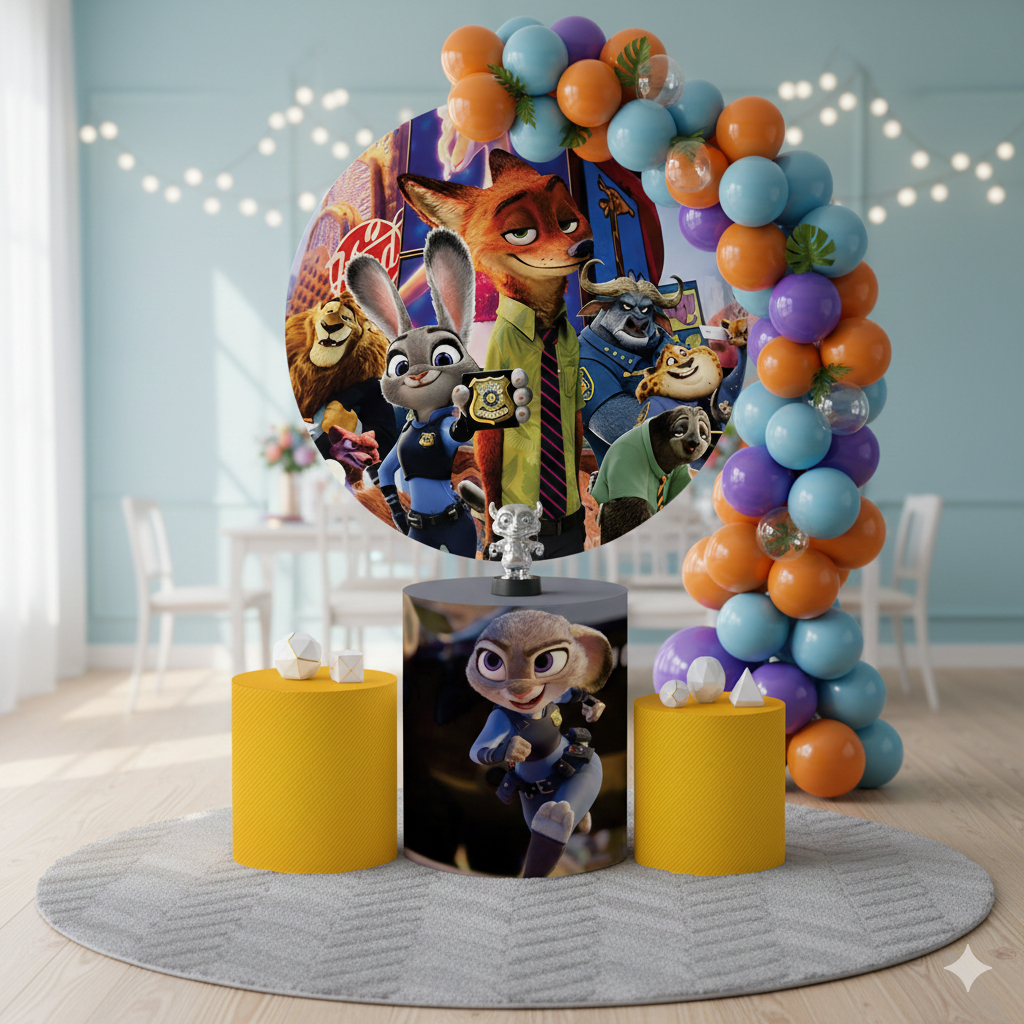 Kit Capas Festa Tema Z**top!a Painel Decorativo, Cilindros e Itens Cute para Crianças
