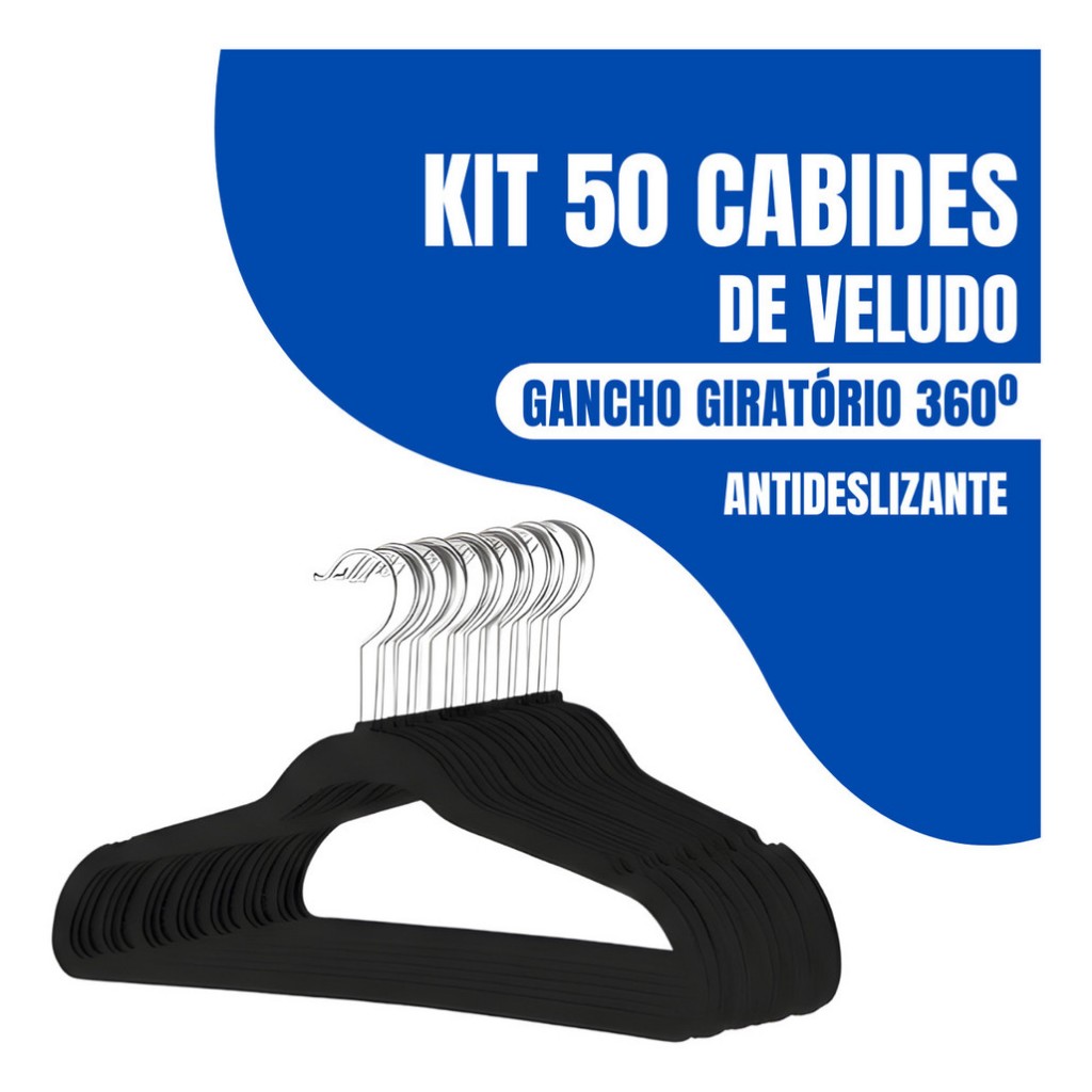 Kit 50 Cabides Adulto De Veludo Antideslizante Slim Com Gancho Giratório 360° Cor Preto