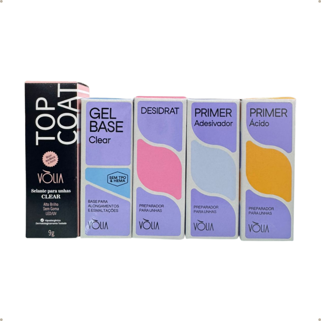 Kit Vólia Desidratador + Top Coat Clear + Gel Base SEM TPO + Primer Adesivador + Primer Ácido
