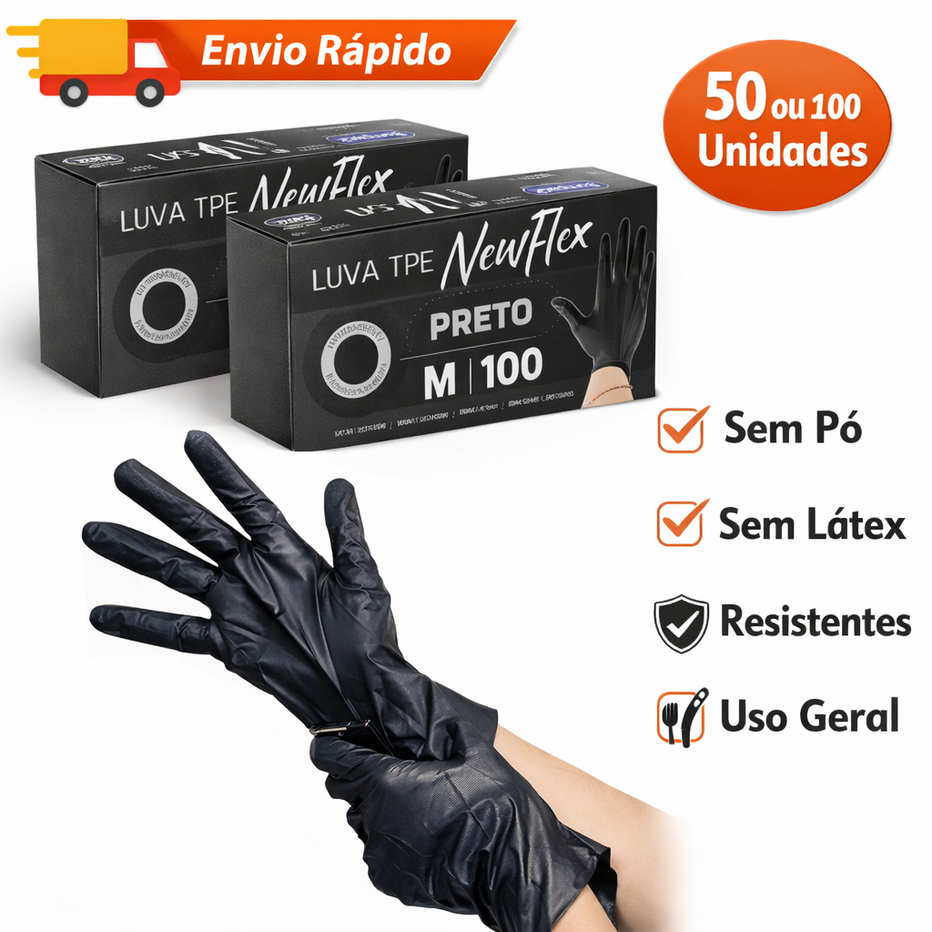 Luva Viniflex Preta Descartável Sem Pó TPE 100 Unidades | Alta Resistência Cuidado Limpeza Alimentos