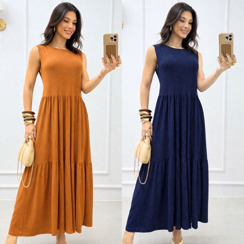 Vestido Lia Feminino Babado Slim Plus Size 2 Marias longo Malha Viscolycra Conforto Leve Soltinho Moda Evangélica Verão