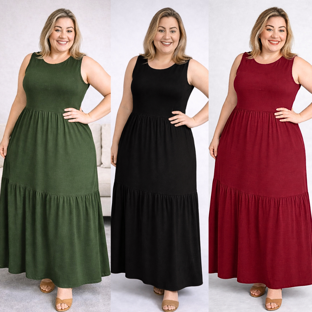 Vestido Feminino Babado Lia Plus Size Slim 2 Marias longo Malha Viscolycra Conforto Leve Soltinho Moda Evangélica Verão