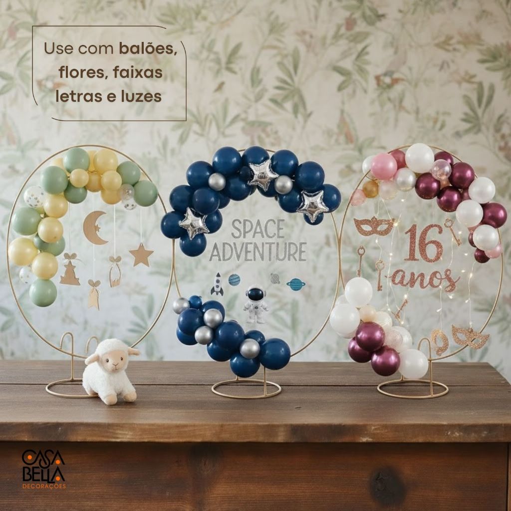 KIT 3 Suporte Arco Redondo De Ferro Dourado 50cm Decoração De Mesa e Festa Suporte Para Bexiga Ideal Para Aniversários