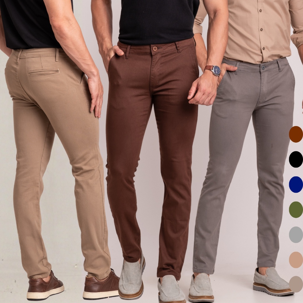 KIT 3 Calças Masculina em Sarja Alfaiataria Sport Fino com Elastano – Estilo Social Moderno e Conforto Superior